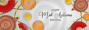 Chinese mid autumn festival banner with teapots and mooncakes