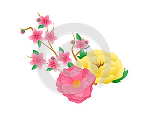 Chinese mid autumn festival design. Watercolor sakura branch with flowers. photo