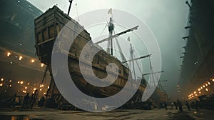Chinese Ming dynasty shipyard third view as a massive junk dominates the slipway, mist and lanterns