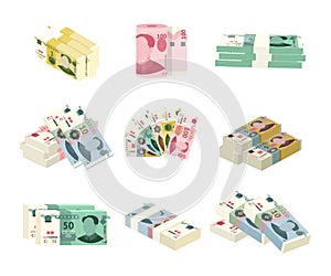 Chinese money paper banknote set. Cash of different nominal value. Stacks, piles, one, fan of yuan. Asian currency. Bank photo