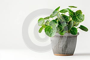 Chinese Money (Pilea Peperomioides) in Flowerpot Closeup, Pilea Macro House Plant in Flowerpot