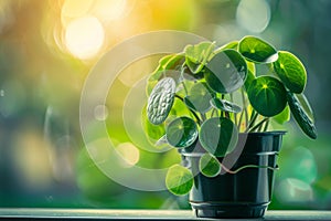 Chinese Money (Pilea Peperomioides) in Flowerpot Closeup, Pilea Macro House Plant in Flowerpot