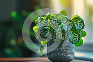 Chinese Money (Pilea Peperomioides) in Flowerpot Closeup, Pilea Macro House Plant in Flowerpot