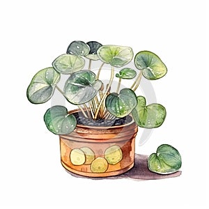 Chinese money plant in cute pot, clip art on white background, Generative AI