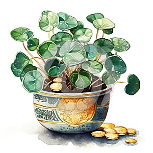 Chinese money plant in cute pot, clip art on white background, Generative AI