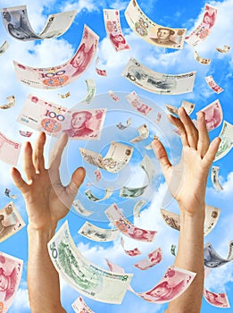 Chinese Money Yuan Falling Hands Sky