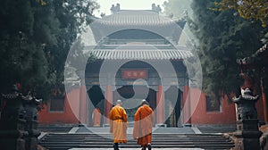 Chinese monks greeting guests near the temple