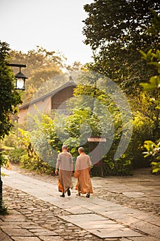 Chinese monks in small village, Lingyin Temple, Hangzhou