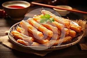 Chinese national dish Youtiao on a wooden tray