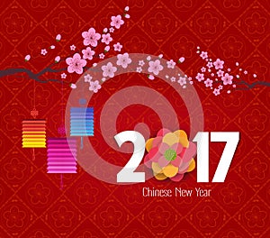 Chinese new year 2017, background with lantern and plum blossom