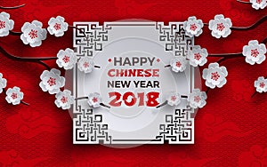 Chinese New Year 2018 banner with white ornate frame, sakura / cherry flowers tree, red pattern background with oriental clouds
