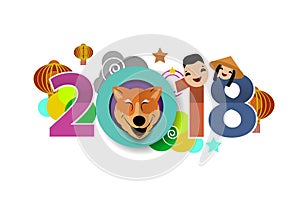 Chinese New Year 2018 festive vector card Design with cute dog,