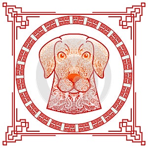 Chinese New Year 2018 Year of Dog. Design the dogs head in zenart style. Red pattern frame on white background.