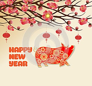 Chinese new year 2019 background blooming sakura branches. Year of the pig