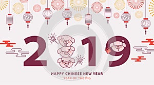 Chinese New Year 2019 banner, poster or greeting card with cute piglets, traditional lanterns and fireworks