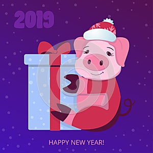 Chinese New year 2019. Cute pig with the gift on the violet gradient background. Christmas banner. Cartoon vector illustration