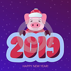 Chinese New year 2019. Cute pig on the violet gradient background. Horoscope. Christmas banner. Cartoon vector illustration. Print