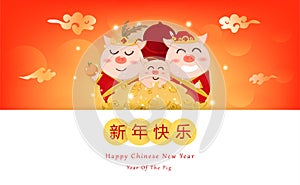 Chinese New Year, 2019, year of the pig, god of wealth, cute cartoon character greeting card, celebration festival, invitation