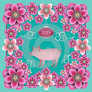 Chinese New Year 2019. Year of the Yellow Pig. Piglet, Chinese lantern, Chinese clouds, plum and peach flowers. Frame