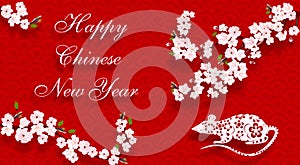 Chinese New Year 2020. Blooming cherry, rat and the inscription on a red background with shadow. illustration