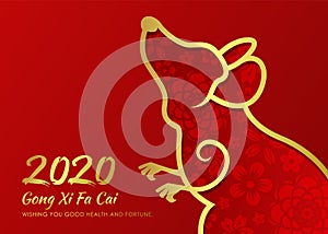 Chinese new year 2020 card with abstract gold border line rat zodiac and abstract flower texture on red background vector design