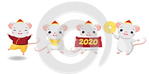 Chinese new year. 2020 happy cartoon mouse collection. illustration for calendars and cards. Funny rats with yuanbao, coin and