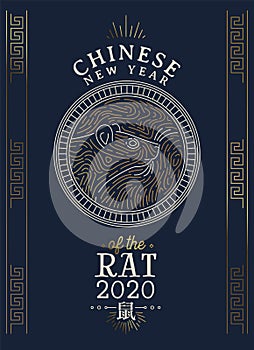 Chinese new year 2020 rat card gold asian line art