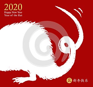 Chinese New Year 2020 of the Rat. Hand drawn white rat icon wagging its tail with the wish of a happy new year. Vector