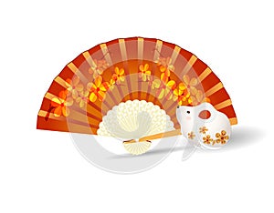 Chinese New Year 2020. White statuette of rat against fan background with shadow. illustration