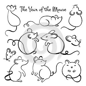 Chinese New Year 2020. The Year of the Mouse or Rat. Vector illustration with different animal characters in various poses