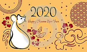 Chinese New Year 2020. The Year of the Mouse or Rat. Vector illustration with sitting mouse, greeting and decorative flowers