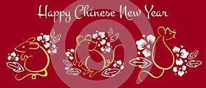 Chinese New Year 2020. The Year of the Mouse or Rat. Vector set withillustration of three mice and flowers