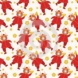 Chinese new year 2021 ox. Seamless pattern cute baby bulls in traditional red Chinese clothes with gold coins and bars. Orient
