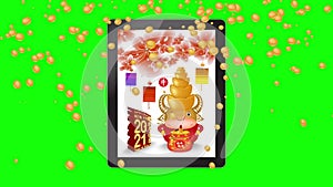 Chinese new year 2021 with sakura blossom on tablet. Year of the Ox Chinese translation Happy Chinese New Year, Year of Ox