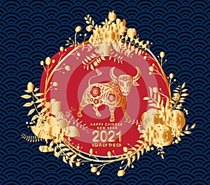 Chinese new year 2021 year of the ox , gold floral cut ox character, florals wreath and asian elements with craft style on