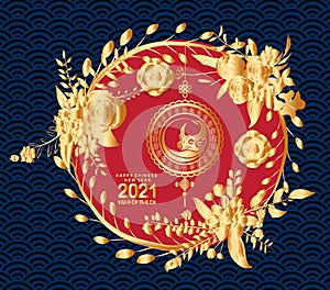 Chinese new year 2021 year of the ox , gold floral cut ox character, florals wreath and asian elements with craft style on