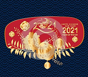 Chinese new year 2021 year of the ox , gold floral cut ox character, florals wreath and asian elements with craft style on