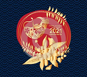Chinese new year 2021 year of the ox , gold floral cut ox character, flower and asian elements with craft style on background