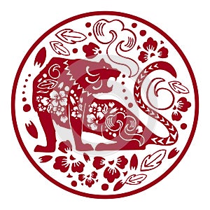 Chinese New year 2022. The year of the Tiger round composition. Vector traditional ornate papercut silhouette illustration