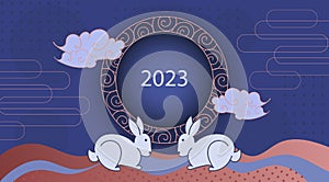 Chinese New Year 2023. celebrating new year of the rabbit in traditional Chinese style on blue background. Lunar new year concept