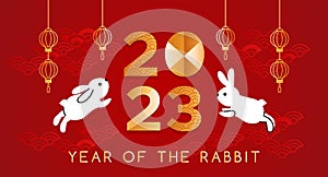 Chinese new year 2023 year of the rabbit or hare. Funny rabbit character. greeting card on traditional asian background