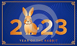 Chinese new year 2023 year of the rabbit or hare. Funny rabbit character. greeting card on traditional asian background