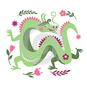 Chinese New Year 2024. Year of the Dragon according to the Chinese calendar. Cute green Dragon and flowers