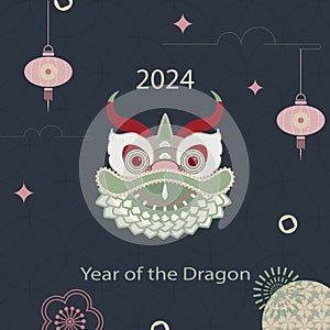 Chinese New Year 2024, Year of the Dragon. Banner template for Chinese New Year with dragon and traditional patterns.