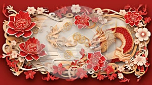 Chinese New Year 2024, Year of the Dragon, with red and gold flowers and Asian paper-cut elements in a craft-style background.