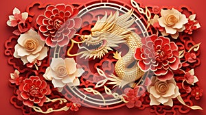 Chinese New Year 2024, Year of the Dragon, with red and gold flowers and Asian paper-cut elements in a craft-style background.