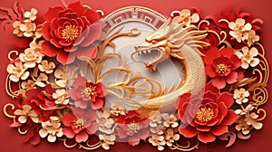 Chinese New Year 2024, Year of the Dragon, with red and gold flowers and Asian paper-cut elements in a craft-style background.