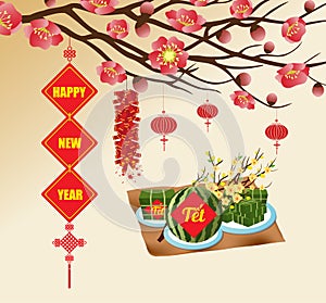 Chinese new year background blooming sakura branches, Vietnamese new year. Translation