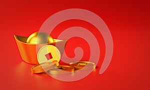 Chinese New Year Background. Chinese Gold Coin Ingot. Copy Space 3D Rendering