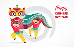 Chinese New Year background, greeting card with a lion dance, red dragon character